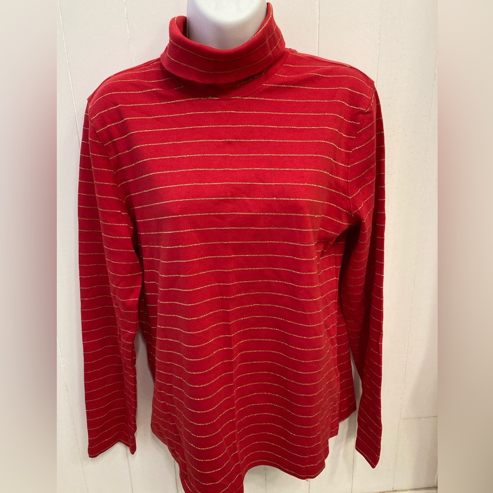 Turtleneck, stretch, red with gold stripes, unworn, L
